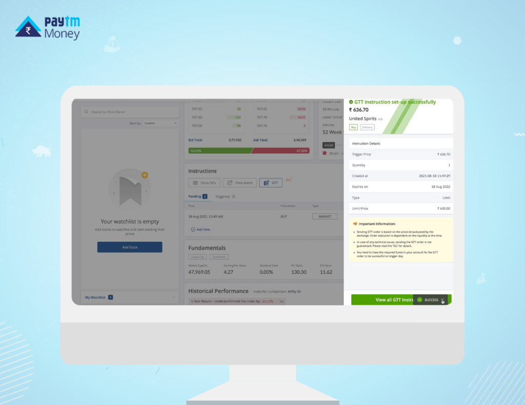 GTT confirmation screen paytm money