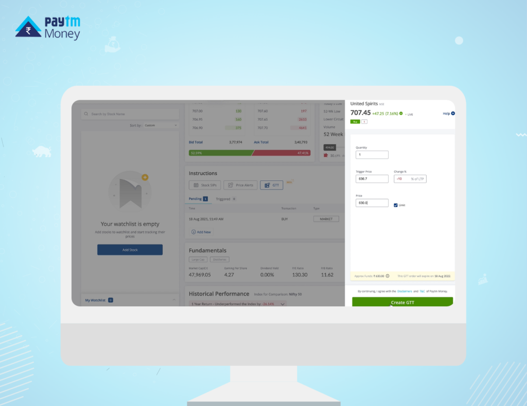 GTT instruction placement screen paytm money